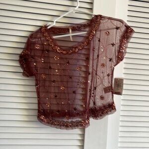 Free People rust mesh beaded/sequin crop top XS NWT